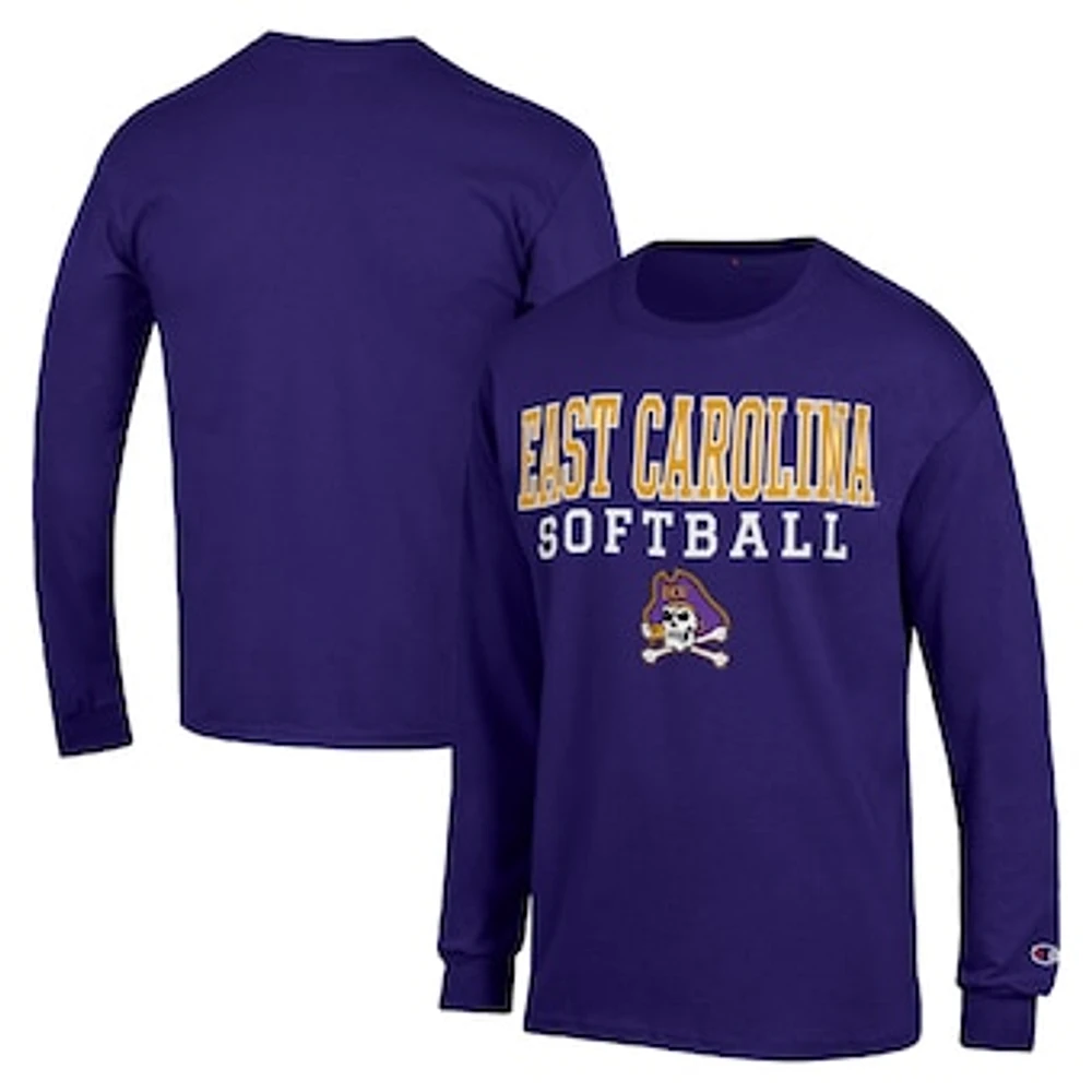 Men's Champion Purple ECU Pirates Stack Logo Softball Powerblend Long Sleeve T-Shirt