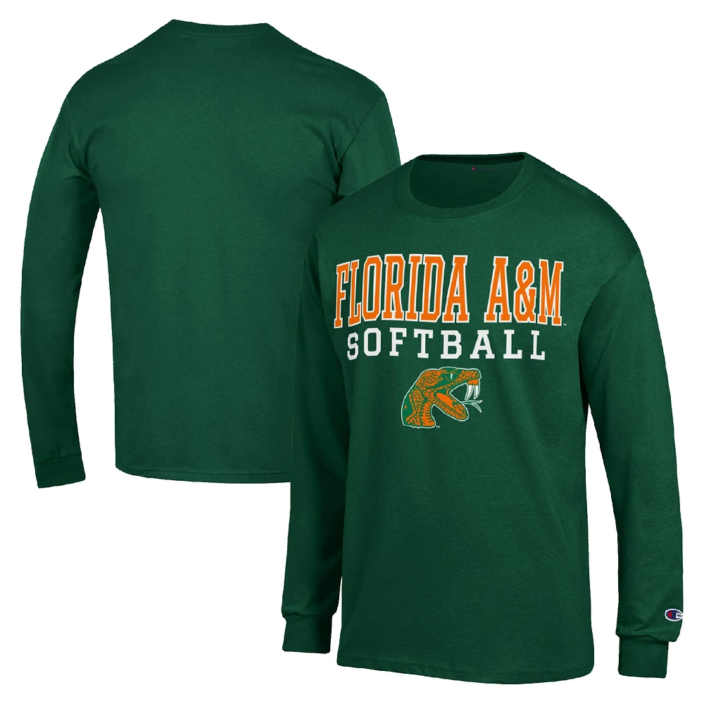 Men's Champion Green Florida A&M Rattlers Stack Logo Softball Powerblend Long Sleeve T-Shirt