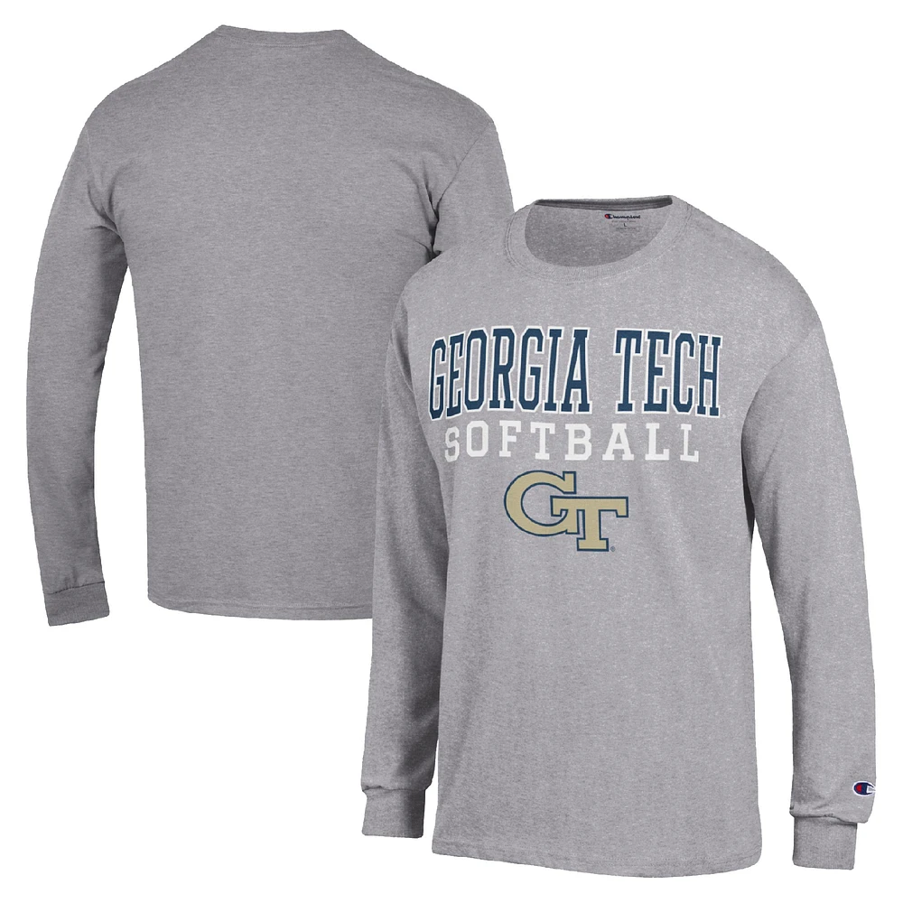 Men's Champion Gray Georgia Tech Yellow Jackets Stack Logo Softball Powerblend Long Sleeve T-Shirt