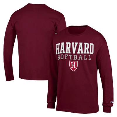 Men's Champion Crimson Harvard Stack Logo Softball Powerblend Long Sleeve T-Shirt
