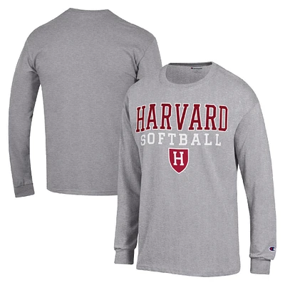 Men's Champion Gray Harvard Crimson Stack Logo Softball Powerblend Long Sleeve T-Shirt
