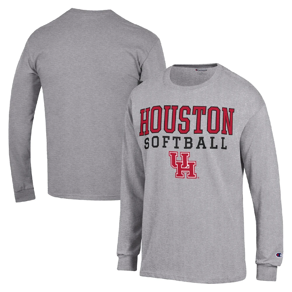 Men's Champion Gray Houston Cougars Stack Logo Softball Powerblend Long Sleeve T-Shirt