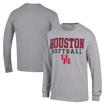 Men's Champion Gray Houston Cougars Stack Logo Softball Powerblend Long Sleeve T-Shirt