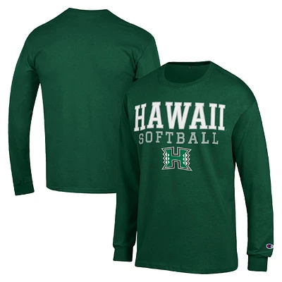 Men's Champion Green Hawaii Rainbow Warriors Stack Logo Softball Powerblend Long Sleeve T-Shirt