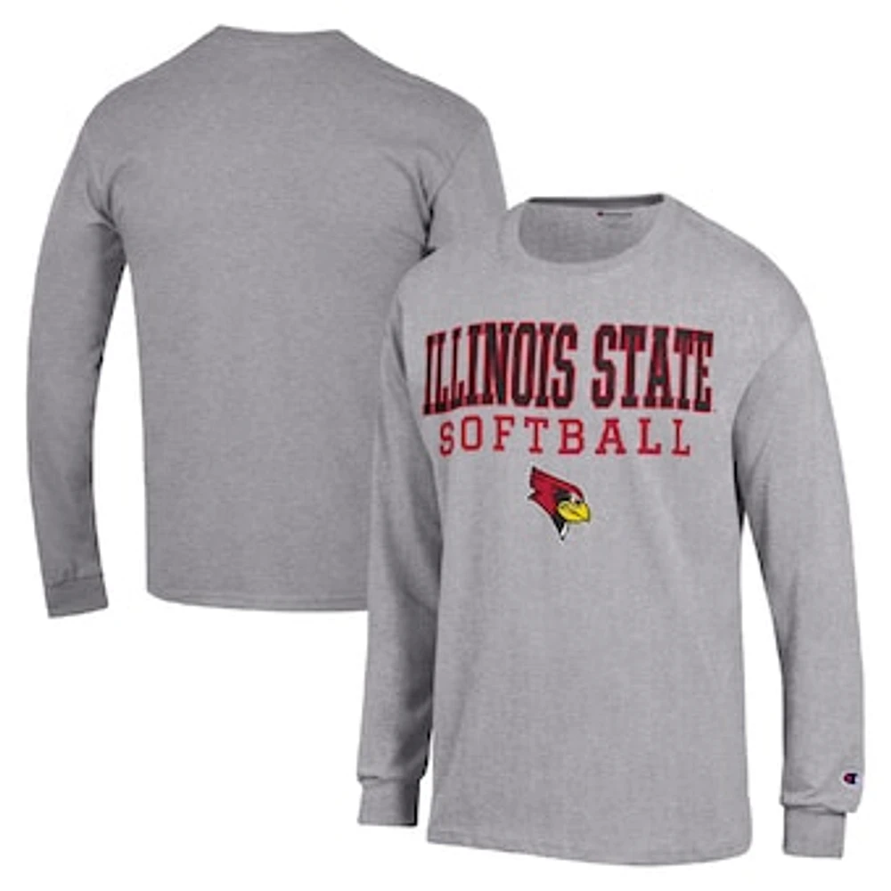 Men's Champion Gray Illinois State Redbirds Stack Logo Softball Powerblend Long Sleeve T-Shirt