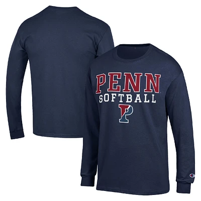 Men's Champion Navy Pennsylvania Quakers Stack Logo Softball Powerblend Long Sleeve T-Shirt
