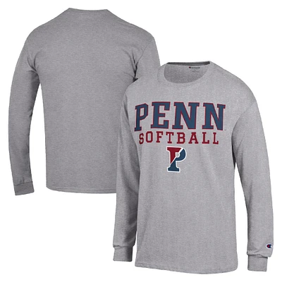 Men's Champion Gray Pennsylvania Quakers Stack Logo Softball Powerblend Long Sleeve T-Shirt