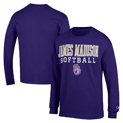 Men's Champion Purple James Madison Dukes Stack Logo Softball Powerblend Long Sleeve T-Shirt