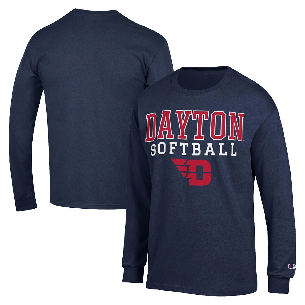 Men's Champion Navy Dayton Flyers Stack Logo Softball Powerblend Long Sleeve T-Shirt