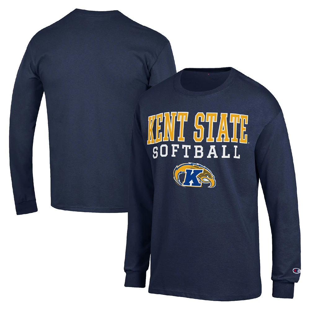 Men's Champion Navy Kent State Golden Flashes Stack Logo Softball Powerblend Long Sleeve T-Shirt