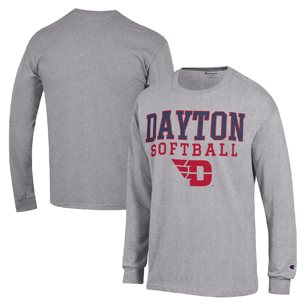 Men's Champion Gray Dayton Flyers Stack Logo Softball Powerblend Long Sleeve T-Shirt