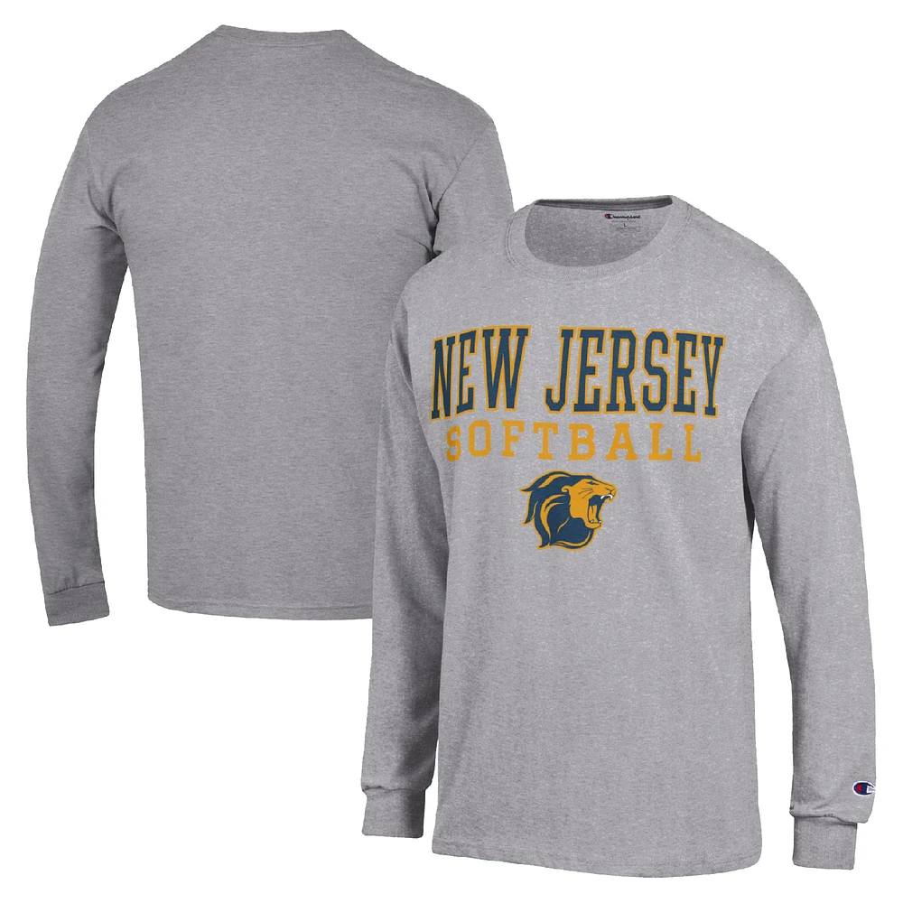 Men's Champion Gray College of New Jersey Lions Stack Logo Softball Powerblend Long Sleeve T-Shirt