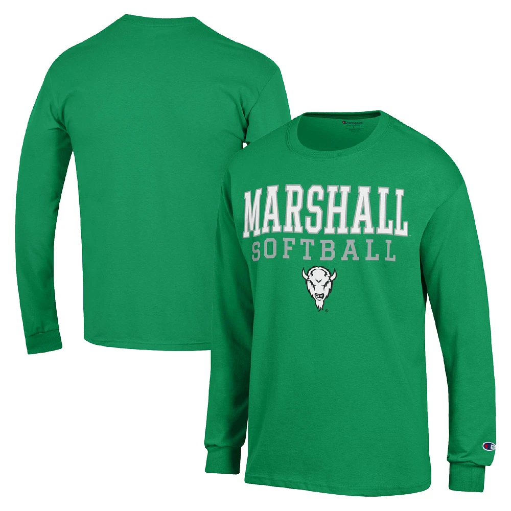Men's Champion Kelly Green Marshall Thundering Herd Stack Logo Softball Powerblend Long Sleeve T-Shirt
