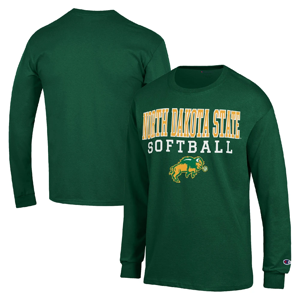 Men's Champion Green NDSU Bison Stack Logo Softball Powerblend Long Sleeve T-Shirt