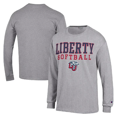 Men's Champion Gray Liberty Flames Stack Logo Softball Powerblend Long Sleeve T-Shirt