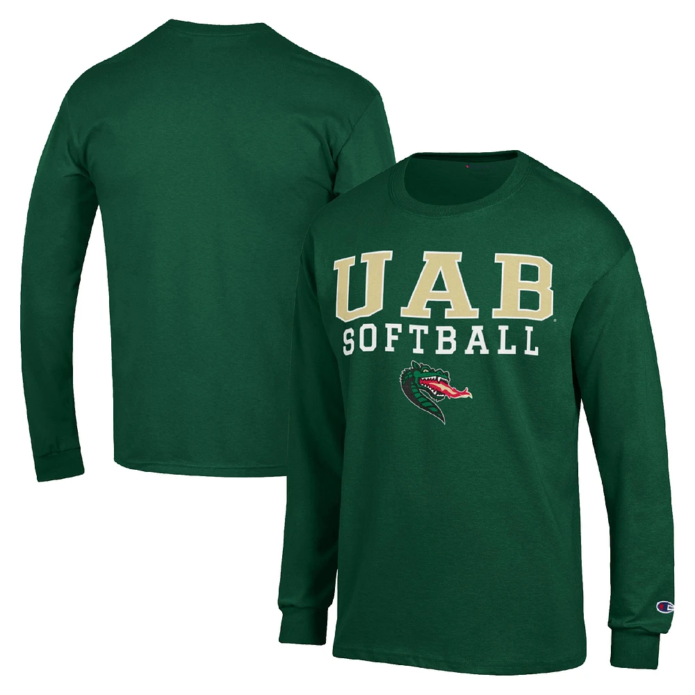 Men's Champion Green UAB Blazers Stack Logo Softball Powerblend Long Sleeve T-Shirt