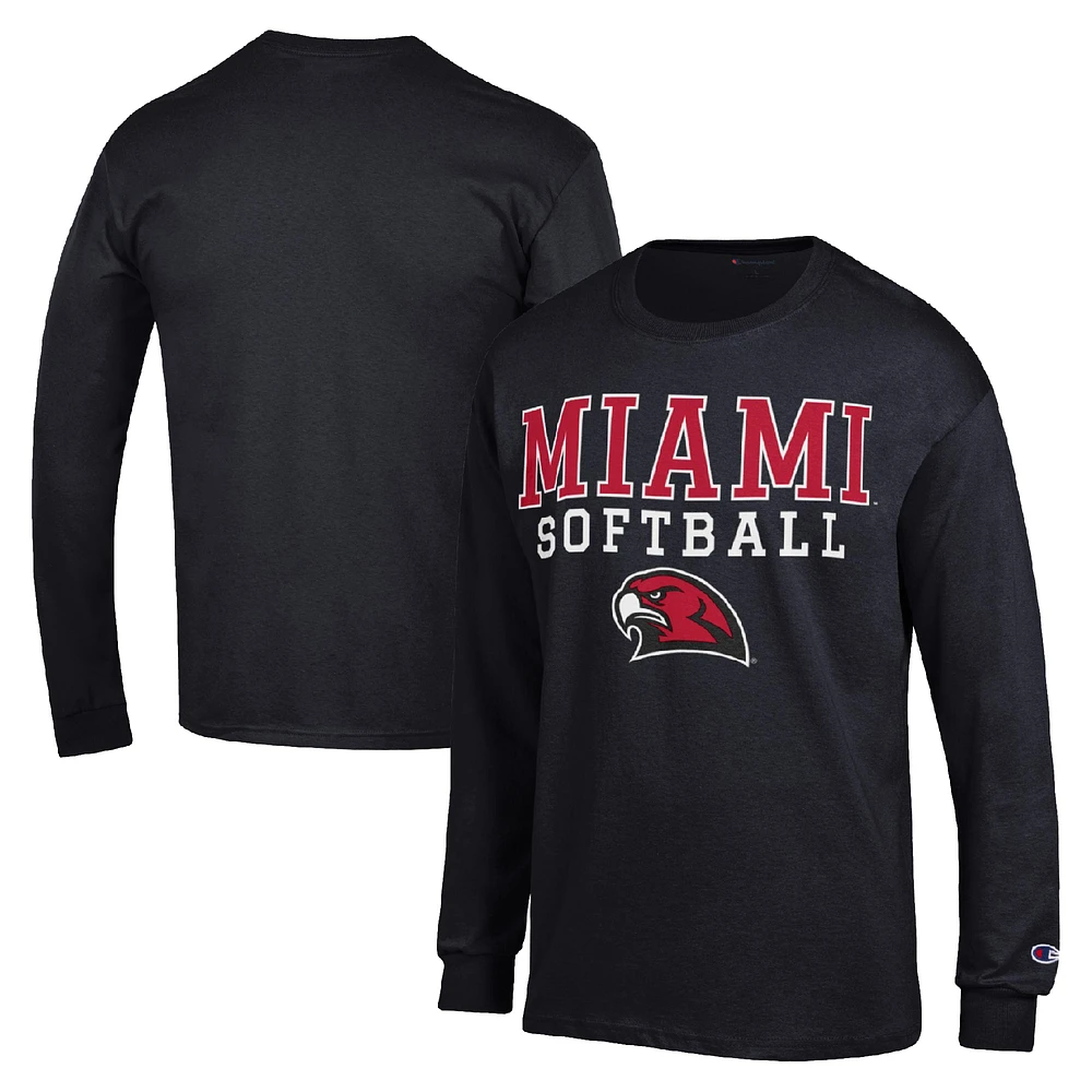 Men's Champion Black Miami University RedHawks Stack Logo Softball Powerblend Long Sleeve T-Shirt