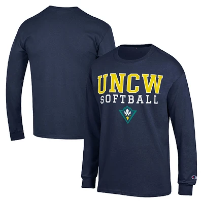 Men's Champion Navy UNC Wilmington Seahawks Stack Logo Softball Powerblend Long Sleeve T-Shirt