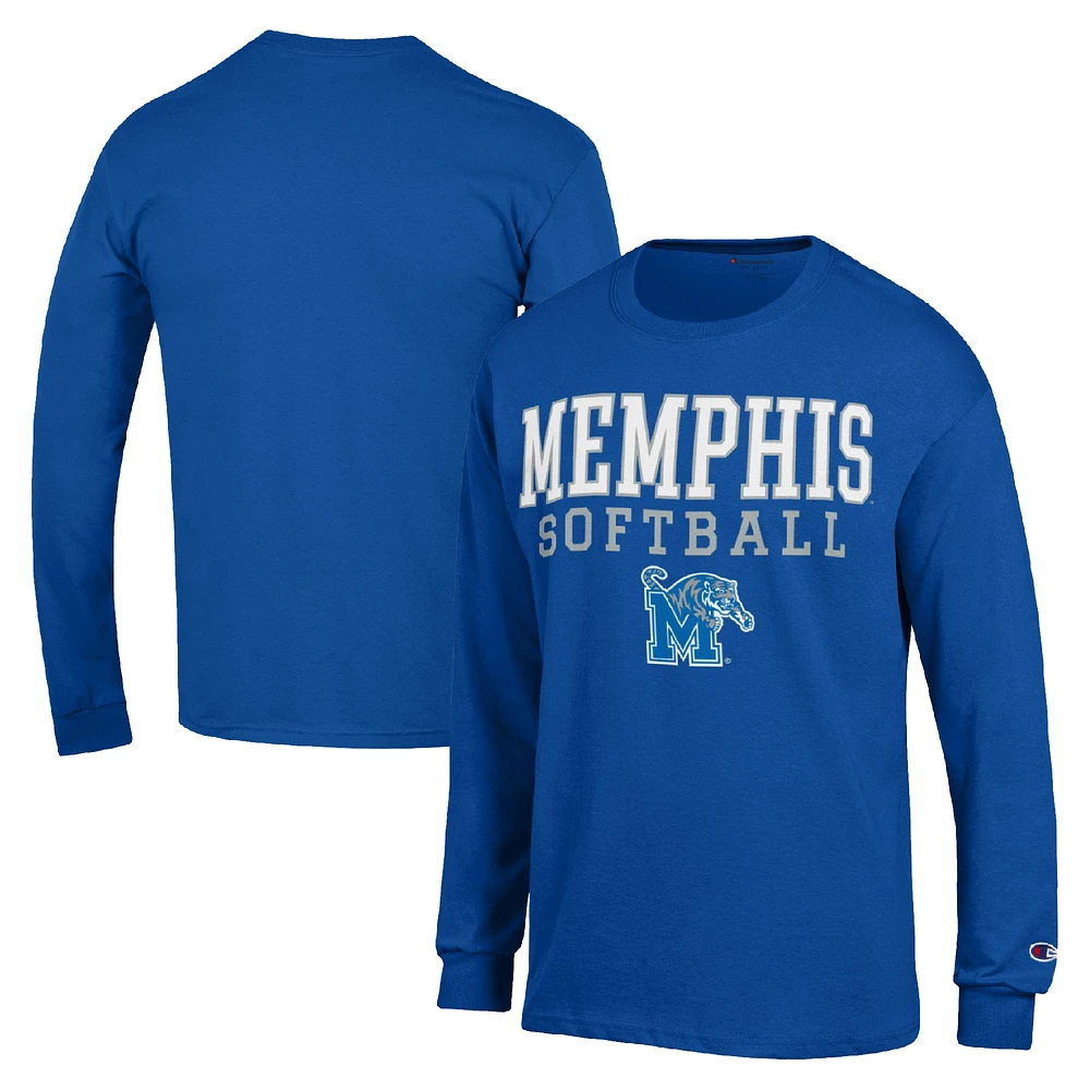 Men's Champion Royal Memphis Tigers Stack Logo Softball Powerblend Long Sleeve T-Shirt
