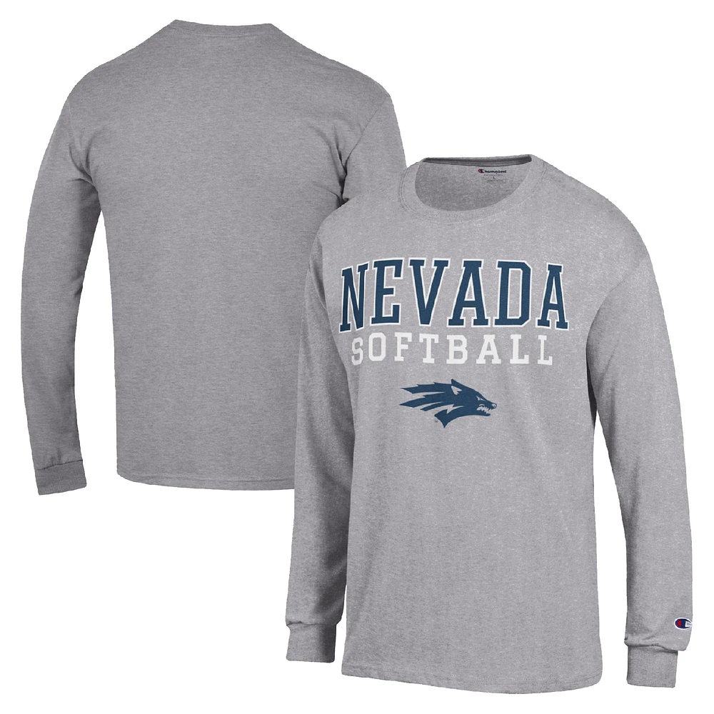 Men's Champion Gray Nevada Wolf Pack Stack Logo Softball Powerblend Long Sleeve T-Shirt