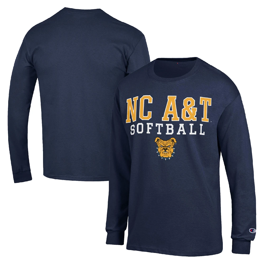 Men's Champion Navy North Carolina A&T Aggies Stack Logo Softball Powerblend Long Sleeve T-Shirt