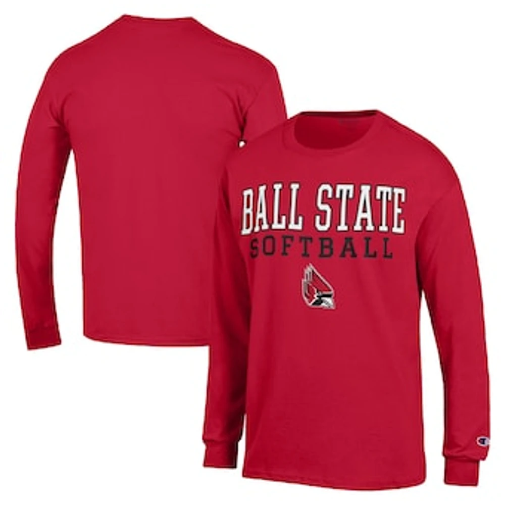 Men's Champion Cardinal Ball State Cardinals Stack Logo Softball Powerblend Long Sleeve T-Shirt