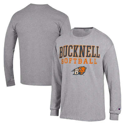 Men's Champion Gray Bucknell Bison Stack Logo Softball Powerblend Long Sleeve T-Shirt