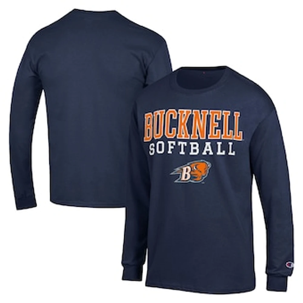 Men's Champion Navy Bucknell Bison Stack Logo Softball Powerblend Long Sleeve T-Shirt