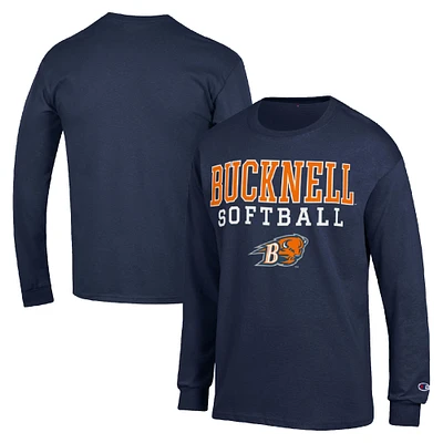Men's Champion Navy Bucknell Bison Stack Logo Softball Powerblend Long Sleeve T-Shirt