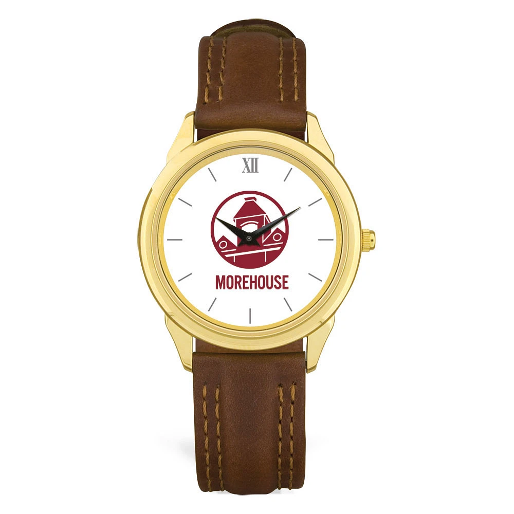 Men's Gold Morehouse Maroon Tigers Brown Leather Watch