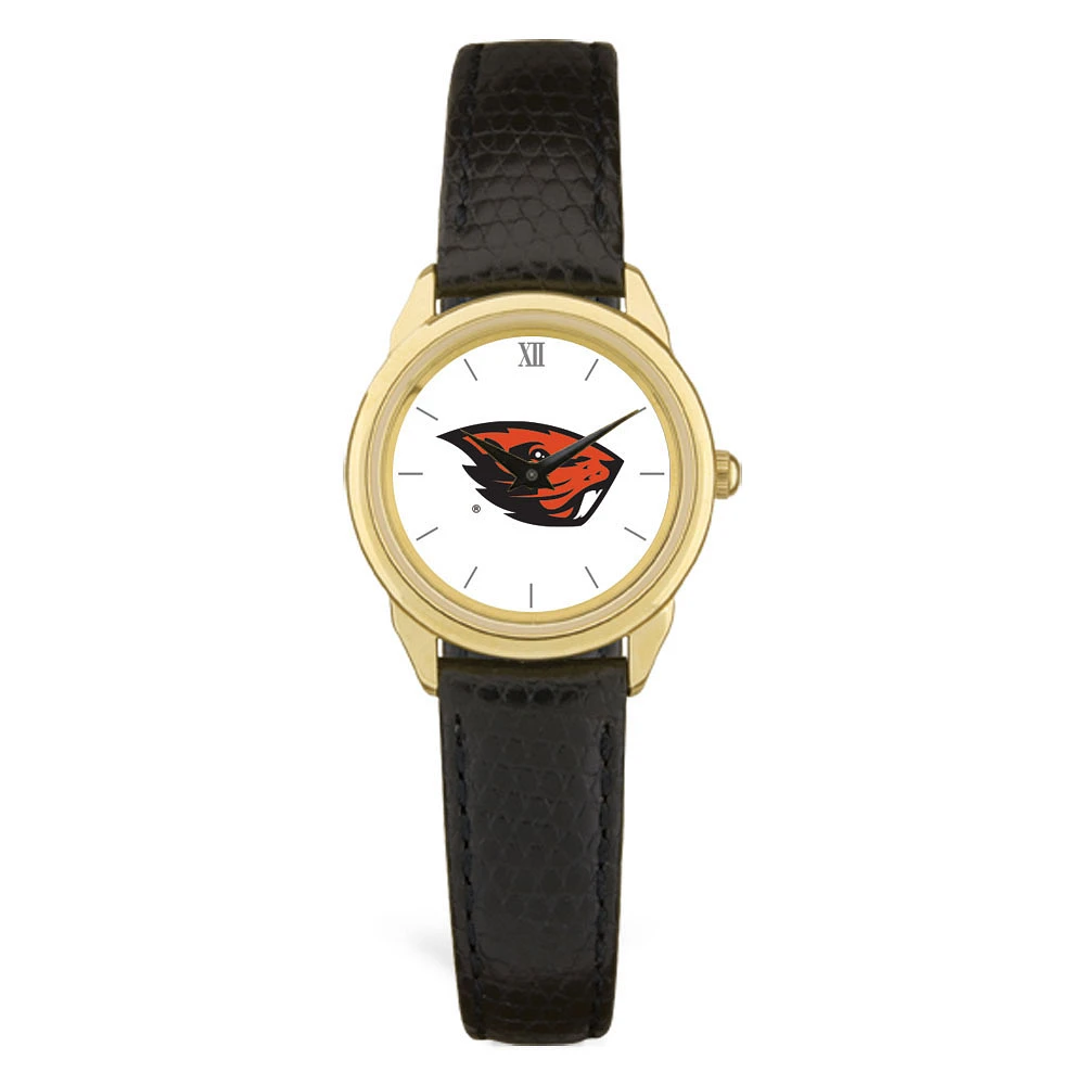 Women's Gold Oregon State Beavers Black Leather Wristwatch