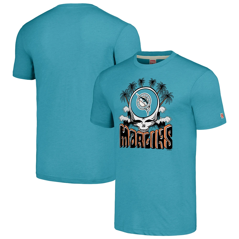 Men's Homage Teal Florida Marlins Cooperstown Collection Grateful Dead Tri-Blend T-Shirt
