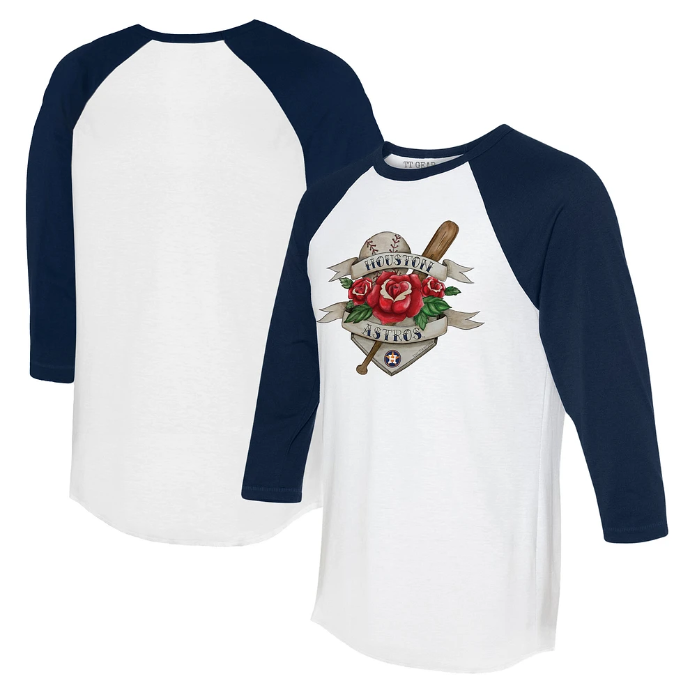 Unisex Tiny Turnip White/Navy Houston Astros American Traditional Rose 3/4-Sleeve Raglan T-Shirt