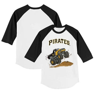 Toddler Tiny Turnip White/Black Pittsburgh Pirates Monster Truck 3/4-Sleeve Raglan T-Shirt