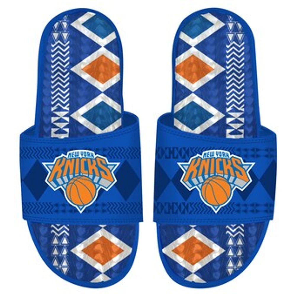 Men's ISlide Blue New York Knicks Shooting Touch Rwanda Pattern Gel Slide Sandals