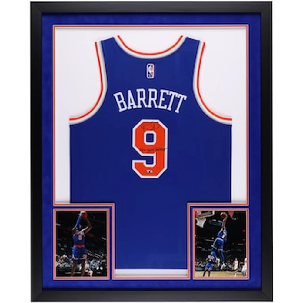RJ Barrett New York Knicks Autographed SM Deluxe Framed Blue Nike Diamond Edition Swingman Jersey with "New York Forever" Inscription