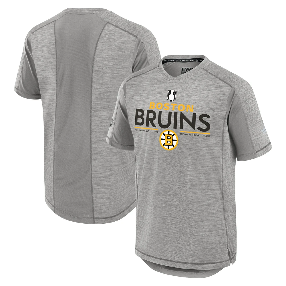 Men's Fanatics Gray Boston Bruins 2024 Stanley Cup Playoffs Authentic Pro T-Shirt