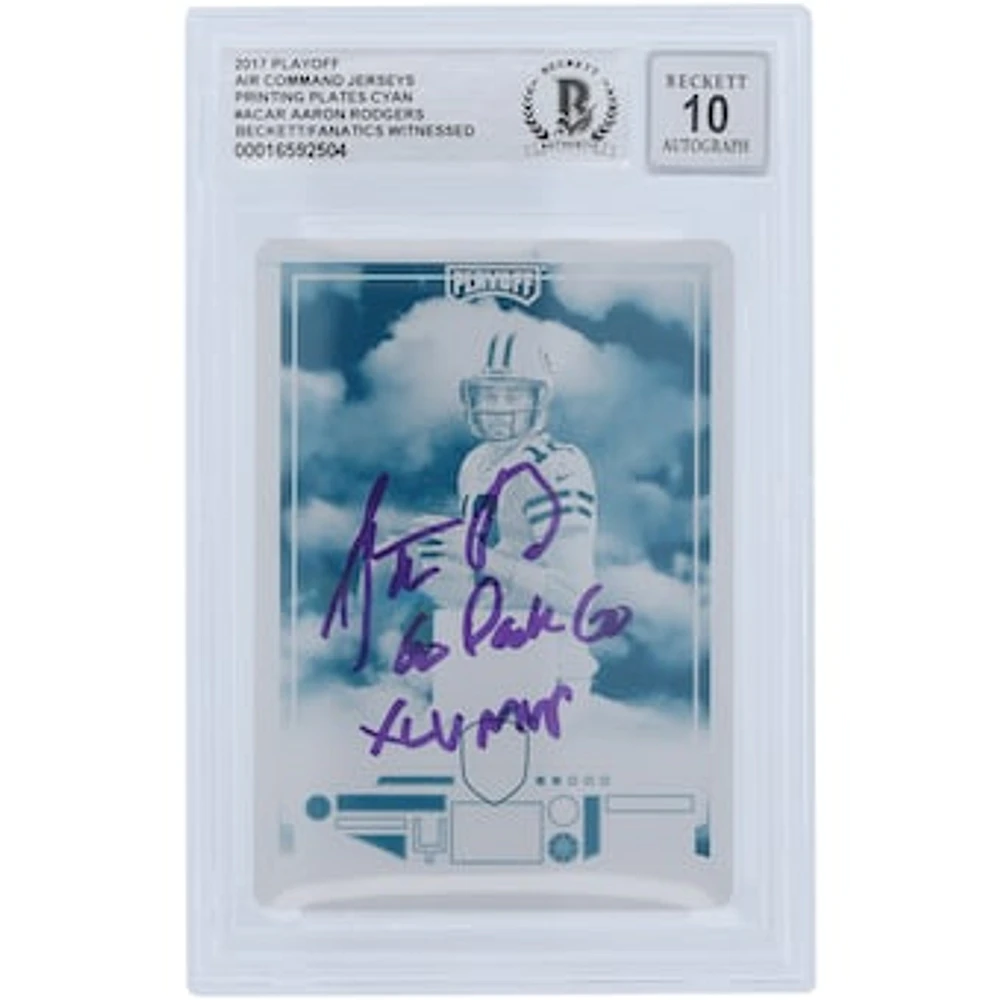 Aaron Rodgers Green Bay Packers Autographed 2017 Panini Playoff Cyan Printing Plate #AC-AR #1/1 Beckett Fanatics Witnessed Authenticated 10 Card with Multiple Inscriptions
