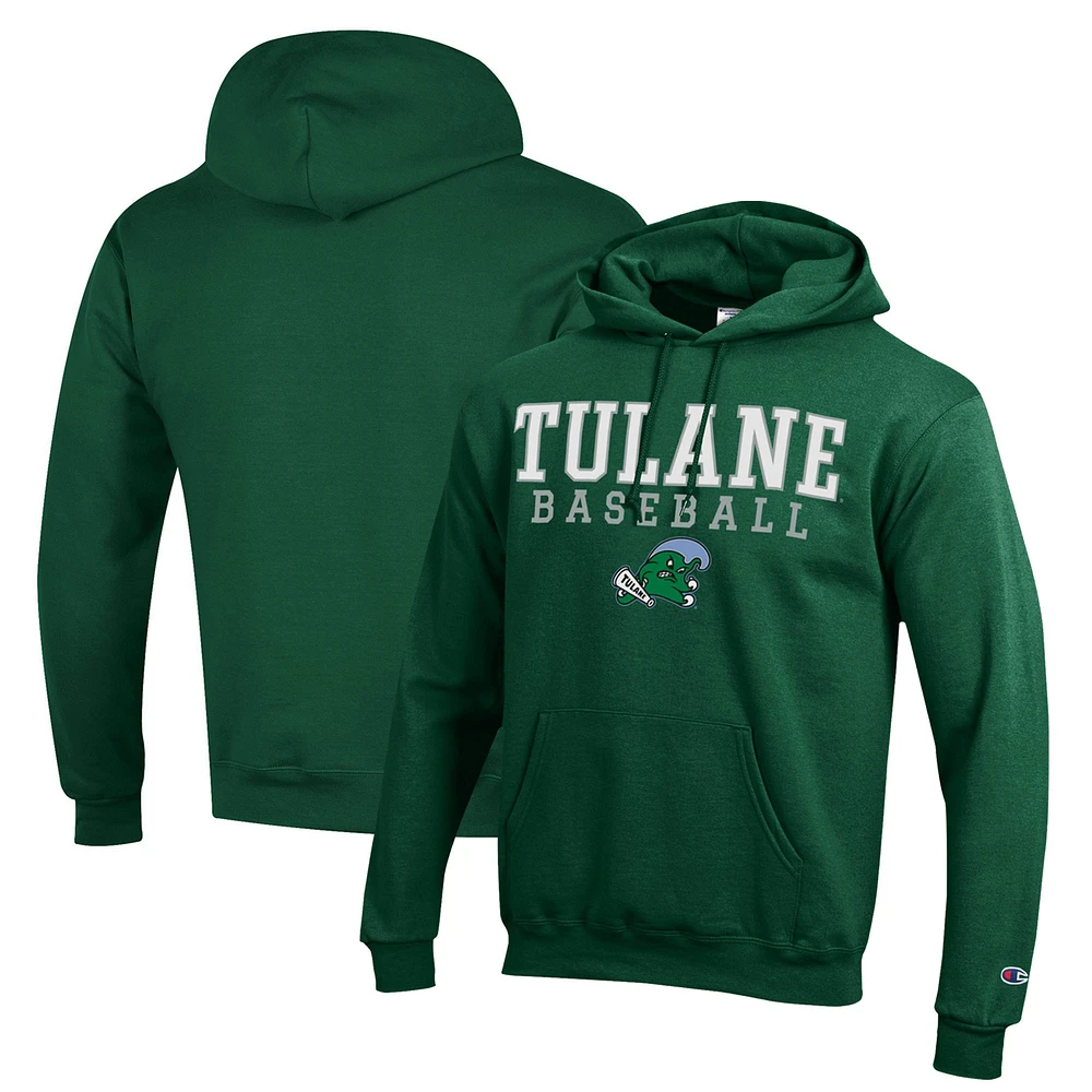Men's Champion Green Tulane Wave Stack Baseball Powerblend Pullover Hoodie