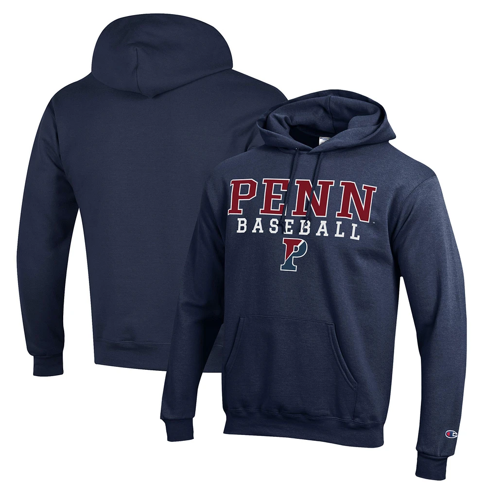 Men's Champion Navy Pennsylvania Quakers Stack Baseball Powerblend Pullover Hoodie