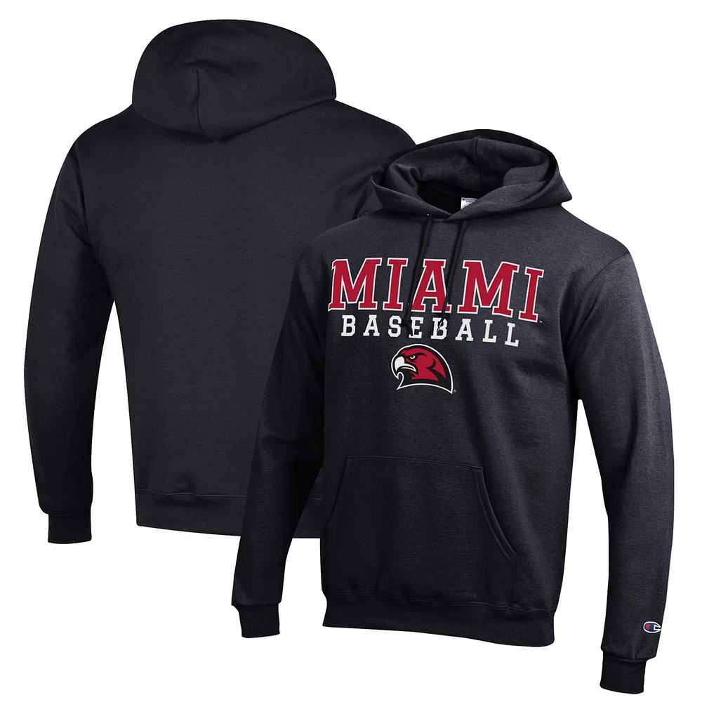 Men's Champion Black Miami University RedHawks Stack Baseball Powerblend Pullover Hoodie