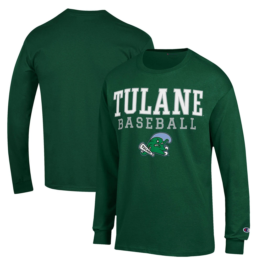 Men's Champion Green Tulane Wave Stack Baseball Long Sleeve T-Shirt