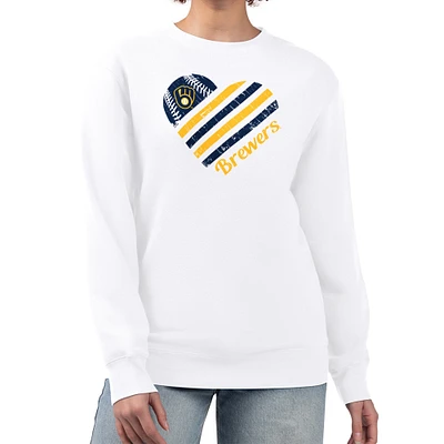 Women's G-III 4Her by Carl Banks White Milwaukee Brewers Heart Logo Fleece Pullover Sweatshirt