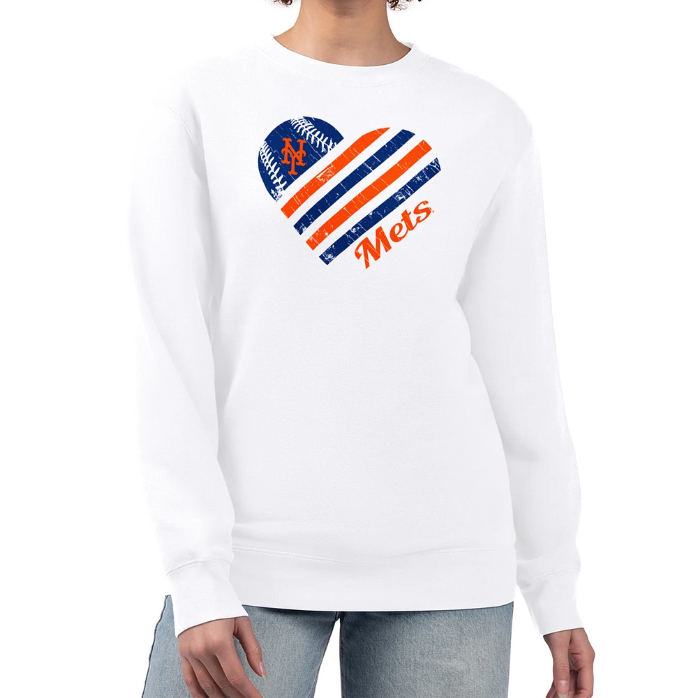 Women's G-III 4Her by Carl Banks White New York Mets Heart Logo Fleece Pullover Sweatshirt