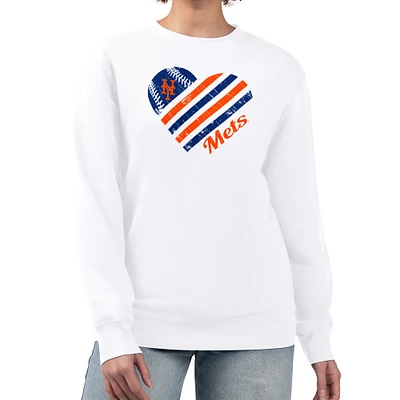 Women's G-III 4Her by Carl Banks White New York Mets Heart Logo Fleece Pullover Sweatshirt