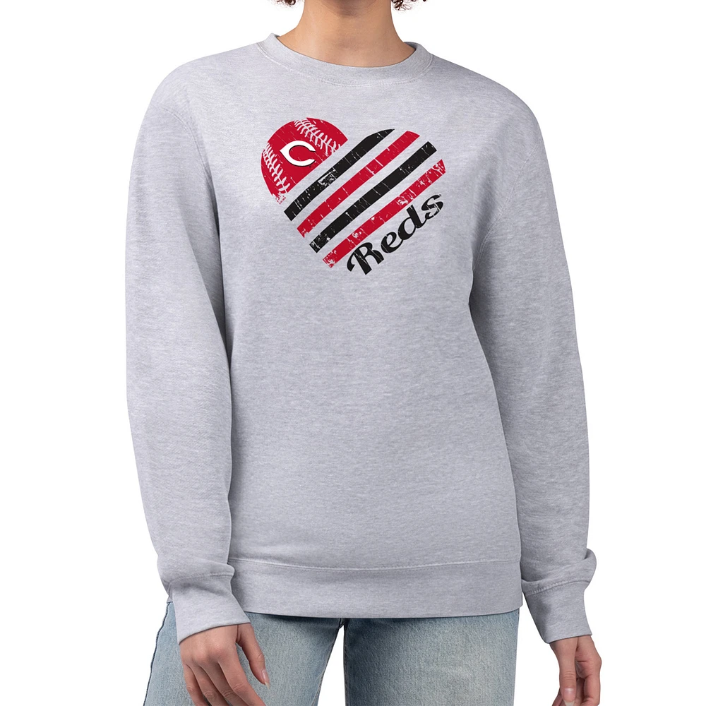 Women's G-III 4Her by Carl Banks Heather Gray Cincinnati Reds Heart Logo Fleece Pullover Sweatshirt