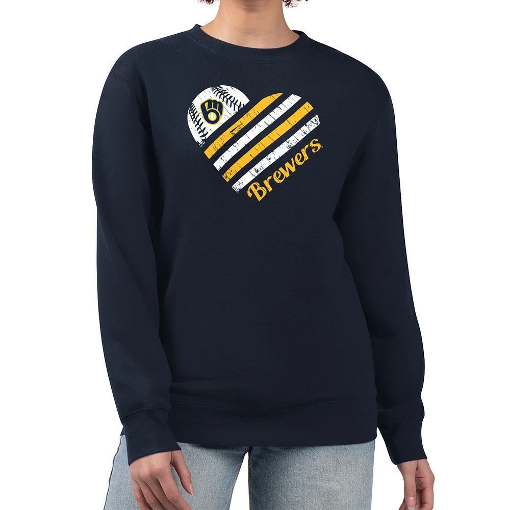 Women's G-III 4Her by Carl Banks Navy Milwaukee Brewers Heart Logo Fleece Pullover Sweatshirt