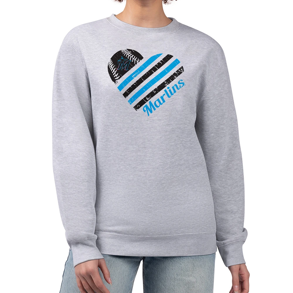 Women's G-III 4Her by Carl Banks Heather Gray Miami Marlins Heart Logo Fleece Pullover Sweatshirt