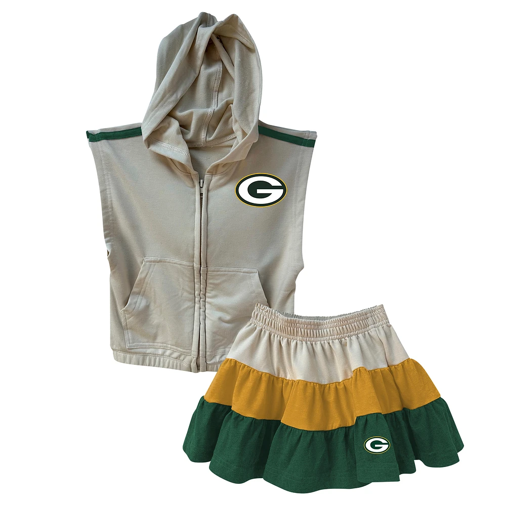 Girls Toddler Wes & Willy Gold/Green Green Bay Packers Sleeveless Full-Zip Hoodie & Three Tier Skirt Set