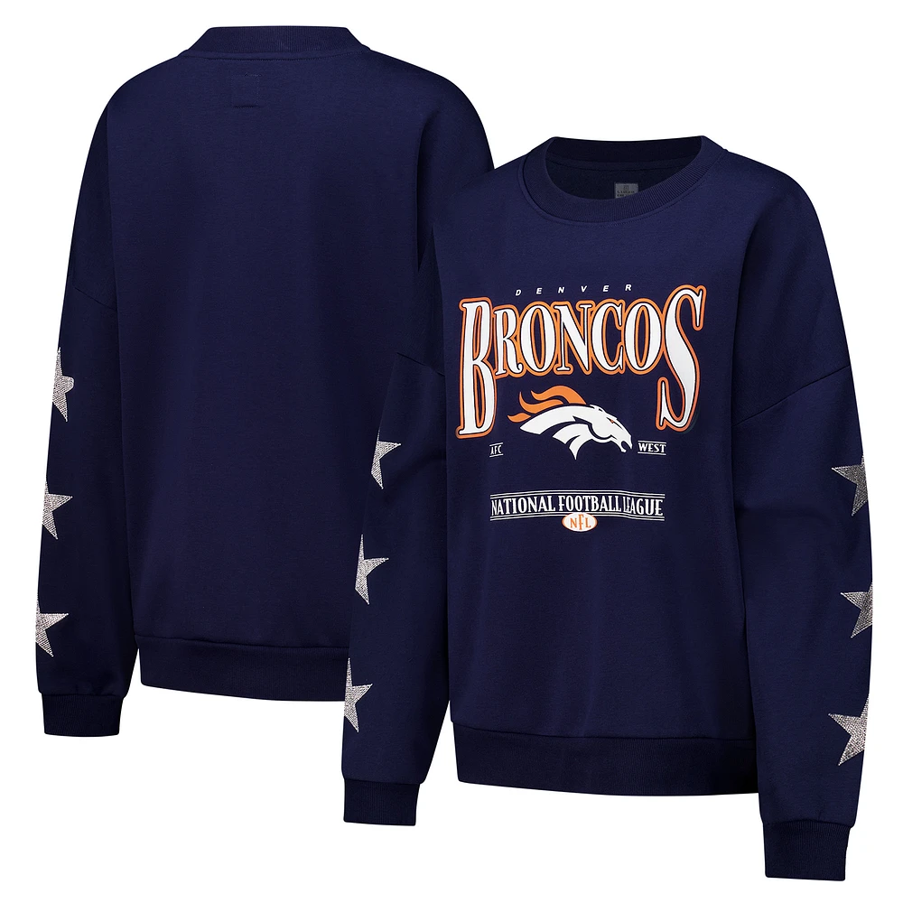 Women's Gameday Couture Navy Denver Broncos Rhinestone Star Sleeve Settle the Score Oversized Tri-Blend Pullover